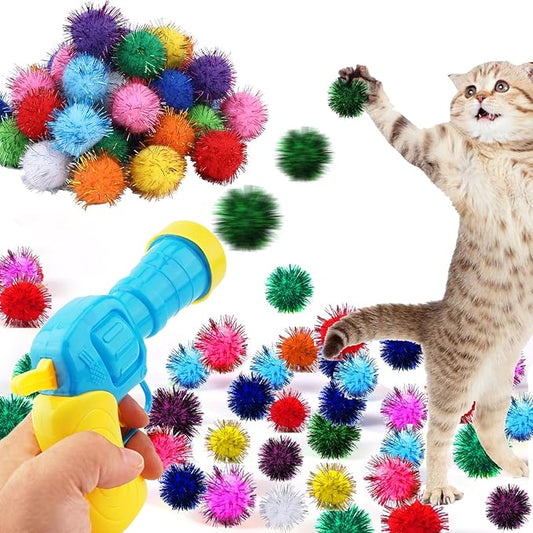 Dorhui Cat Toy Gun Launcher - 30 Pcs Sparkle Pom Pom Balls and Ball Launcher, Fetch Toy Gun Shooter, Interactive Glitter Balls for Indoor Cats and Kitty Gifts