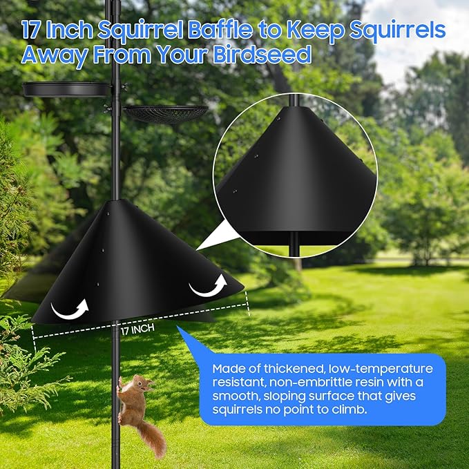 Bird Feeder Pole with Squirrel Proof Baffle,92 Inch Adjustable Double Shepherds Hook,Heavy Duty Hanging Bird House Pole Stand for Outdoors,Hummingbird Bird Bath Feeder Tray for Outside, Yard, Garden