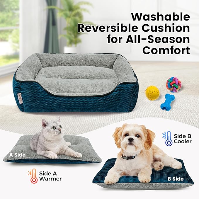 Miguel Dog Bed with Removable Cushion/Pillow for Medium Small Dogs, Washable Pet Bed with Side Easy to Wash Puppy Bed, Large Rectangle Cat Bed for Indoor Cat with Anti-Slip Bottom, Blue 25 Inch