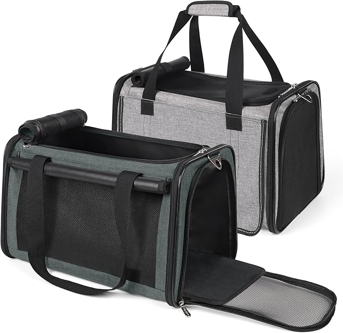 YUDODO 2 Packs 25 lbs Lightproof Soft Sided Pet Carrier for Large Cat & Small Dog Airline Approved Travel Puppy Carriers with Side Pockets & Reflective Mesh, Foldable Portable for Car Grey Green+Grey