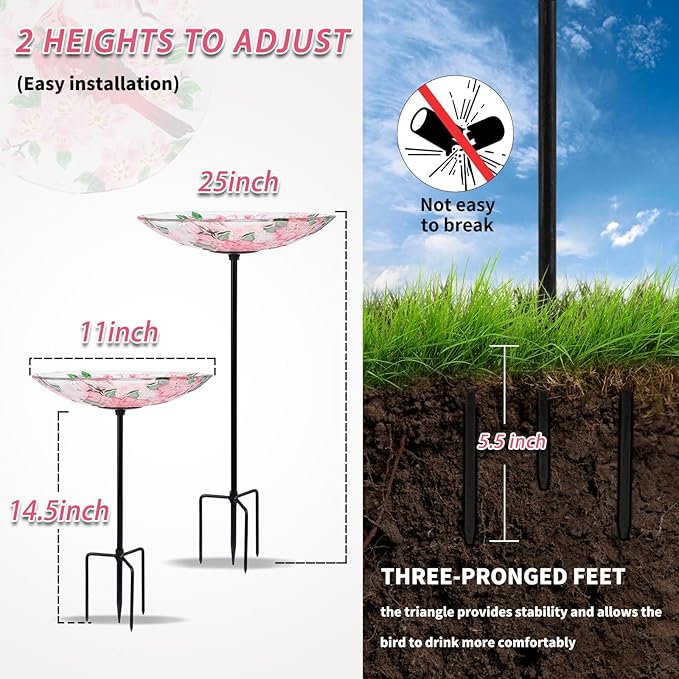 MUMTOP Glass Bird Baths for Outdoors-Outdoor Bird Bath Bowl- Cardinal and Flower Birdbaths Yard Stake, Bird Feeders for Outside, Garden, Patio, Lawn Decor
