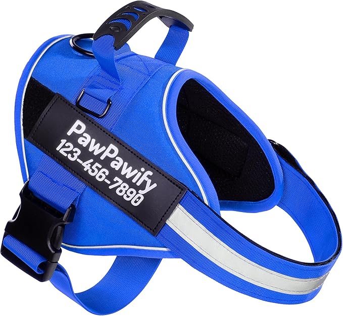 PawPawify Custom No Pull Dog Harness with Name and Phone Number, Heavy Duty Personalized Pet Vest to Prevent Tugging, Pulling, or Choking, Training and Walking (New Blue, L (Chest 23-30in))