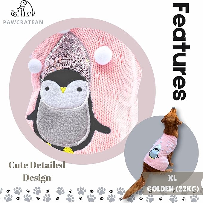 Cute Sweater for Dogs and Cats Soft Flannel Pet Outfit Warm and Cozy Animal Hoodie Small to Large Pet Clothes for Halloween Parties and Everyday Wear (X-Large, Pink Pinguin)