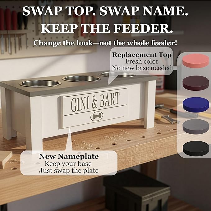 GrooveThis Woodshop - Personalized Elevated Triple Dog Bowl Stand for Large, Medium, Small, X-Small Dogs - 3 Stainless Steel Food and Water Bowls - Raised Dog Dish with Internal Storage (Medium, Blue)