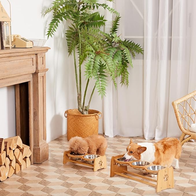 X-ZONE PET Elevated Dog Bowls for Cats and Dogs, Adjustable Bamboo Raised Bowls for Medium Dog, Food and Water Bowls Set Stand Feeder with 2 Stainless Steel Bowls Anti Slip Feet (Height 4.7" to 7")