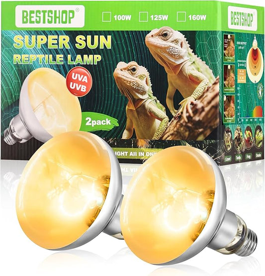 Heat Lamp Bulbs, 125 Watt Reptile Heat Bulb, Full Spectrum UVA UVB Light Bulb, Natural Daylight, Basking Spot, Sun Light for Reptile and Amphibian, Pack of 2