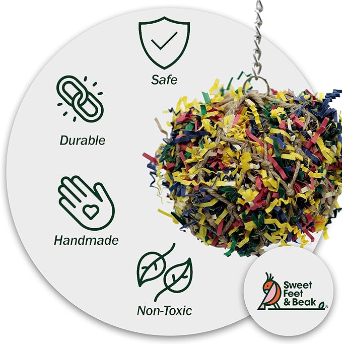 Sweet Feet and Beak Super Shredder Ball - Bird Cage Accessories to Keep Your Bird Busy Foraging for Hidden Treasures - Non-Toxic, Easy to Install Bird Foraging Toys for Medium Sized Birds - 5 Inch