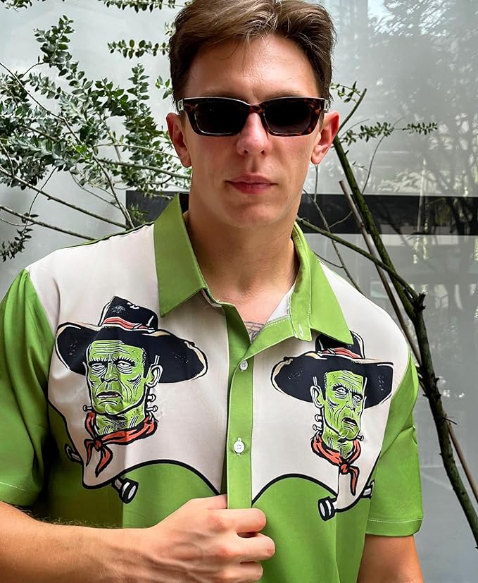 Men’s Hawaiian Shirt Western Cowboy Symmetrical Print Short Sleeve Button Down Casual Beach Holiday Summer Shirt