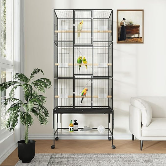 69inch Large Bird Cage Parrot Cage Metal Parrot Flight Cage for Budgie Parakeet Conure, Feeders, Ladders, Perches, Slide-Out Tray Rolling Cockatiel Cage for Mid-Sized Parrots Detachable Storage Stand
