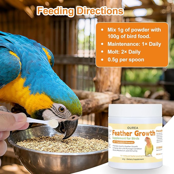 Feather Growth Supplement for Birds Parrots, Multi-Vitamins & Minerals Powder with Biotin Amino Acid for Molting Plucking, Support Healthy Feather Regrowth Plumage Shine Immunity for All-Natural Bird