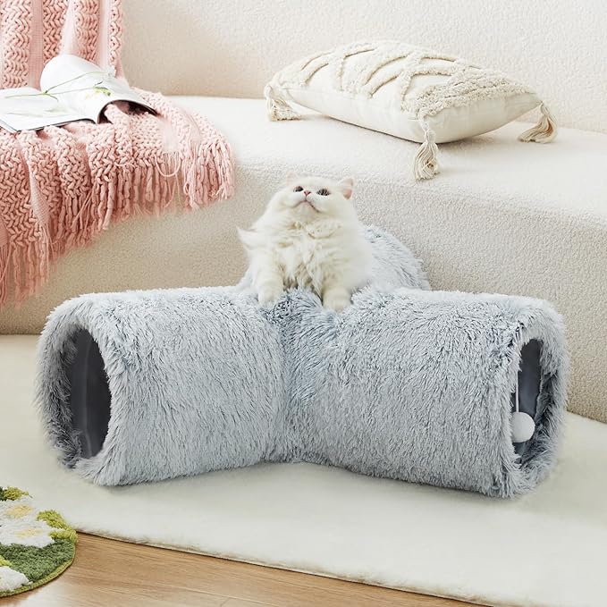 Tempcore Plush Pet Cat Tunnel Tube Cat Toys 3 Way Collapsible, Tunnels for Indoor Cats，Kitty Tunnel Bored Pet Toys Peek Hole Toy Ball Puppy, Kitty, Kitten, Rabbit Light Grey
