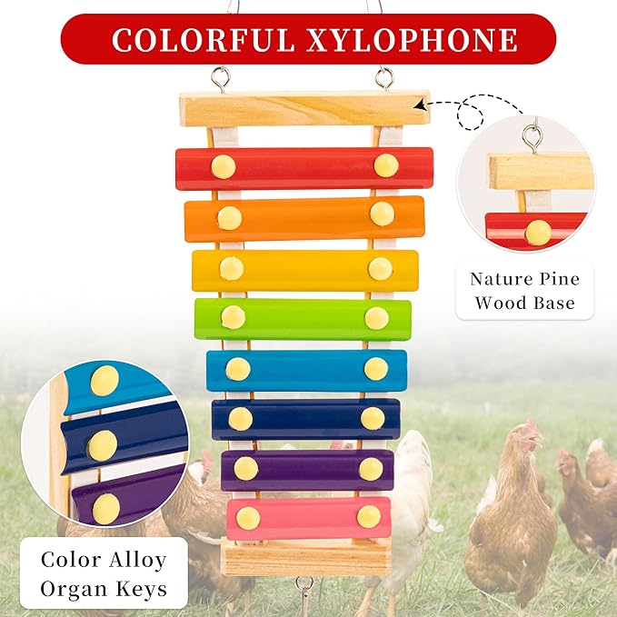 9PCS Chicken Toys for Coop, Chicken Xylophone Toy, Swing Mirror Chewing Toys for Hens Vegetable Hanging Feeder, Beak Grinding Calcium Stones with Bells Cage Toy for Cockatiel Parakeet Parrot Budgies