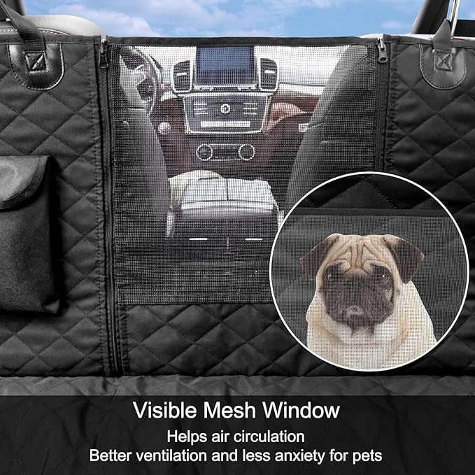 Femuar Dog Car Seat Cover, Waterproof Nonslip Pet Seat Cover for Back Seat with Storage Pockets Mesh Visual Window, Scratch Proof Pet Dog Seat Cover Hammock for Cars Trucks and SUVs, XL-Black