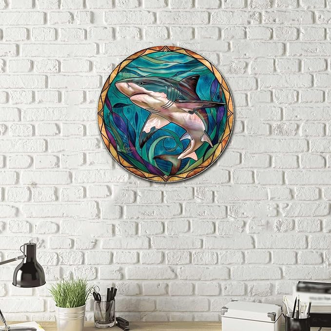 Lygond Metal Sign Tin Sign Circular Stained Glass Shark Decor Outdoor for Patio 12×12 Inches