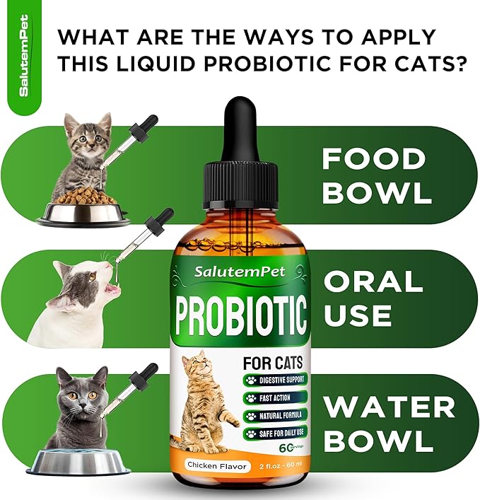 Probiotics for Cats for Digestive Support – Cat Probiotics for Indoor Cats Help with Colic, Upset Stomachs, Diarrhea, Gas, and Bloating – Prebiotics + Pleasant Chicken Flavor Inside – 2 Oz