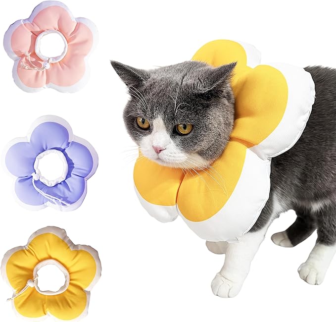 Cat Cone Collar Soft, Adjustable Kitten Cone After Surgery, Waterproof Recovery E Collar for Pet to Stop Licking(Yellow Flower, Small)