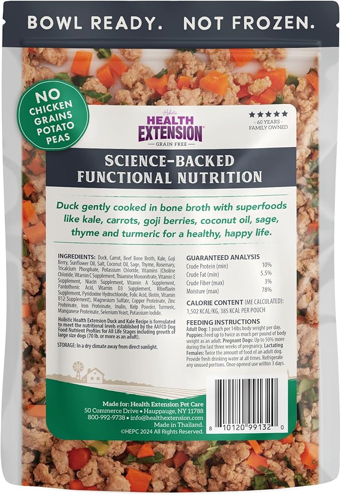Health Extension Gently Cooked Grain-Free Duck & Kale Dog Food, Human-Grade & Shelf-Stable with Superfoods, Supports Digestion, Immunity, Skin & Coat, 3 oz Pouch (Pack of 10)