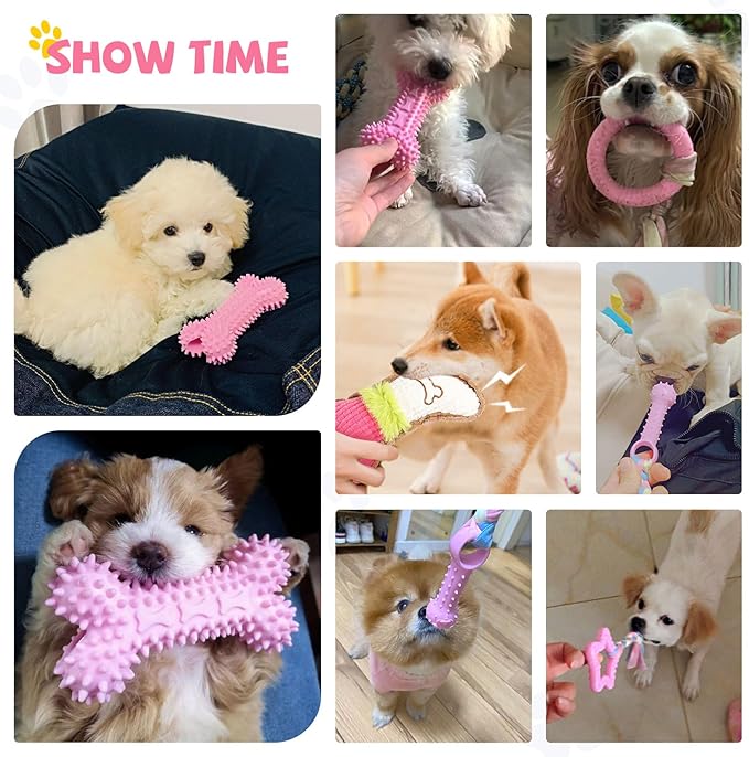 BAEJMJK 6 Pack Puppy Teething Toys Pink Small Breed Dog Chew Toys with Rope Cute Soft Rubber Puppy Toys Set for Cleaning Teeth Interactive Pet Doggy Bone Toys