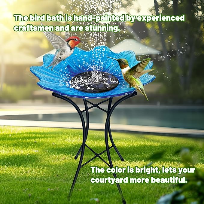 HONGLAND Glass Birdbath with Metal Stand Outside Yard Garden Decor, 15" Diameter Detachable Glass Bird Baths Bowl for Outdoors, 21 inch Height (Blue Flower)