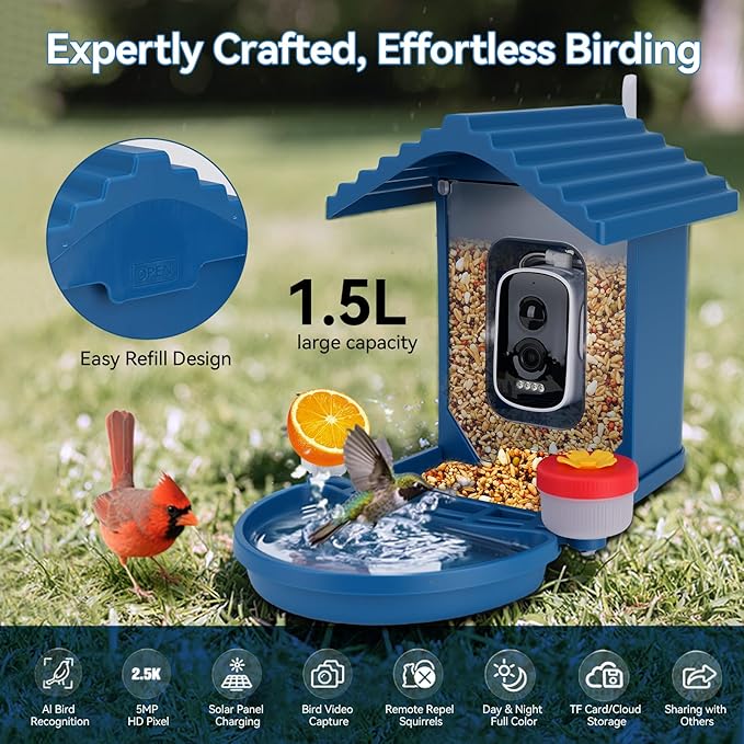 Bird Feeder with Camera Solar Powered,2.5K HD Video Bird House Live View,Smart AI Bird Species Identification for Outside Garden,Birds Bath,Ideal Gift for Birds Lover,Hummingbird (Blue)