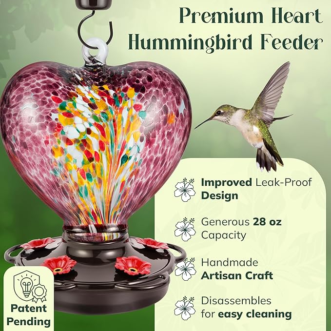 Hand Blown Glass Hummingbird Feeder for Outdoors All Season Use - 28 Fl. Oz. Leak Proof Hummingbird Feeder with Rust Proof Base - Includes Ant Moat, Ant & Bee Proof (Purple)