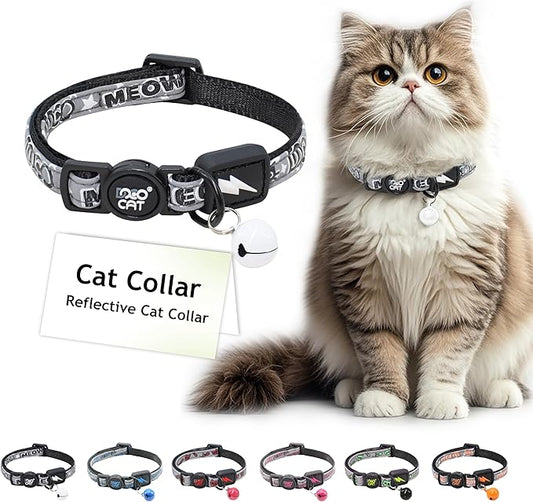 DOCO Cat Collar (Neck Girth - 3/8" x 7.5-12", Weight Upto - 13lb) Reflective Cat Collar with Bell, Breakaway Safety Buckle, Adjustable Nylon Strap for Kittens & Adult Cats (Black)