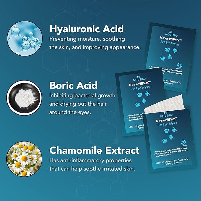 NOVEHA 60PCs - Dog Eye Wipes, Individually Packed Gentle Tear Stain Remover with Hyaluronic Acid, Refreshing Dog Eye Cleaner for Dirt & Discharge Removal