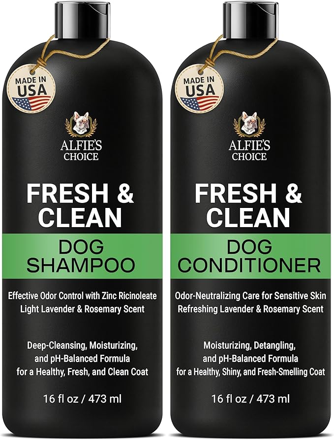 Fresh & Clean Dog Shampoo and Conditioner Set - Deodorizing Odor Control Wash with Lavender & Rosemary - Deep Cleansing Moisturizing Formula for Smelly Dogs -16 fl oz Each by Alfie’S Choice