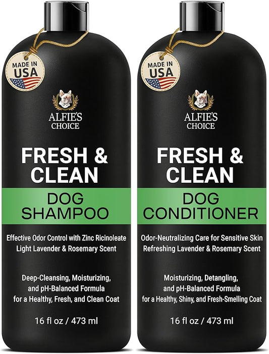 Fresh & Clean Dog Shampoo and Conditioner Set - Deodorizing Odor Control Wash with Lavender & Rosemary - Deep Cleansing Moisturizing Formula for Smelly Dogs -16 fl oz Each by Alfie’S Choice