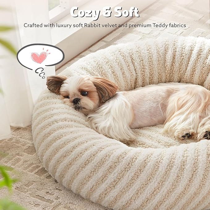 MIXJOY Dog Bed Medium Size Dogs, Washable Medium Dogs Bed with Removable Cover, Cozy Donut Dog Ded Fluffy Plush Faux Fur Pet Bed with Anti-Slip Bottom, 30"x30"x8", White