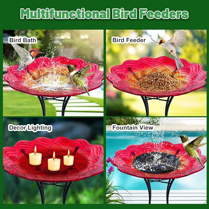 HONGLAND Bird Bath for Outside-Bird Baths for Outdoors-Glass Large Birdbaths Bowl with Metal Stand for Garden Patio Lawn Decor, 15" Dia/19 Height