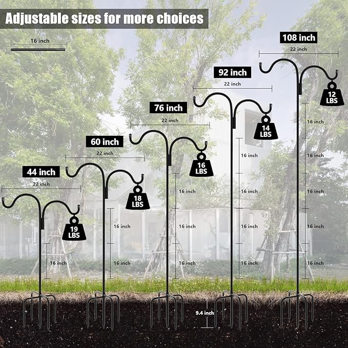 Gtongoko Double Shepherds Hook for Outdoor, 76 Inch Bird Feeder Pole with 5 Prongs Base, 5/8 Inch Thick Heavy Duty Adjustable Garden Hook for Hanging Plant, Lantern, Hummingbird Feeder, 1 Pack