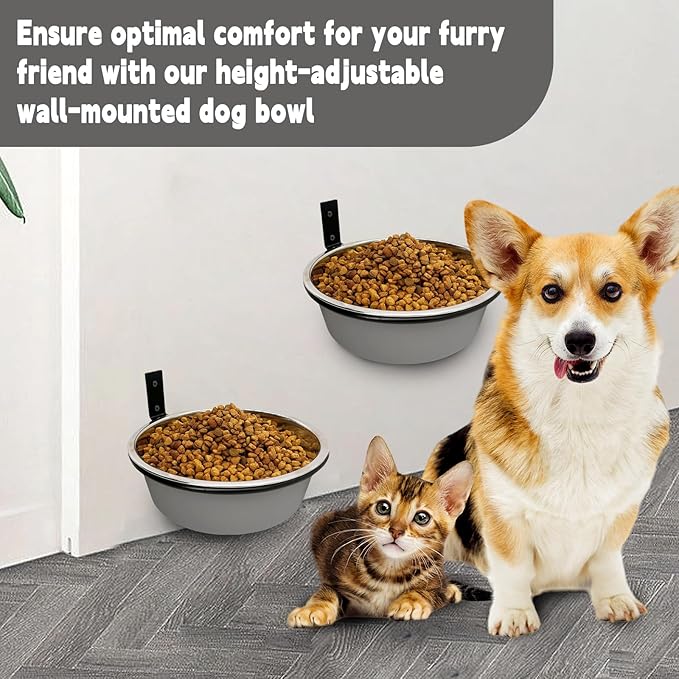 Wall Mounted Dog Bowls-2 * 36 Oz, Stainless-Steel Raised Adjustable Height Dog Food and Water Bowls, Elevated Pet Comfort Feeding Bowl for Medium Large Dogs Cats