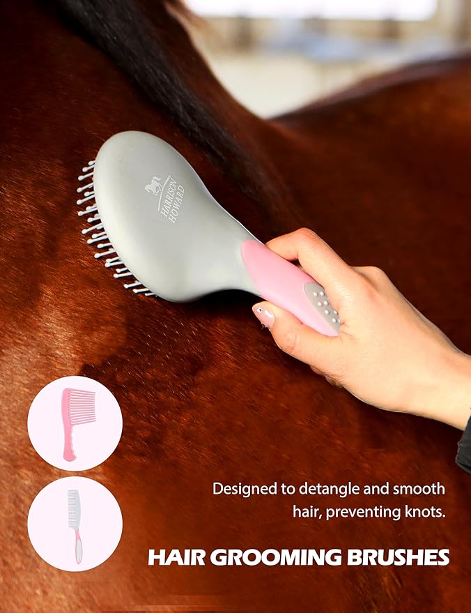 Harrison Howard Horse Grooming Kit 11-Piece Equine Care Series Horse Brush Sets with Organizer Tote Bag Tack Room Supplies Shedding Grooming Massaging Tools Pink Brushstroke Ponies