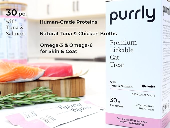 Purrly Squeezable Cat Treats Wet Healthy Interactive Hydrating Human-Grade Tuna & Salmon with Omega-3 & 6 for Skin & Coat (30 Count) Lickable Healthy Creamy Puree