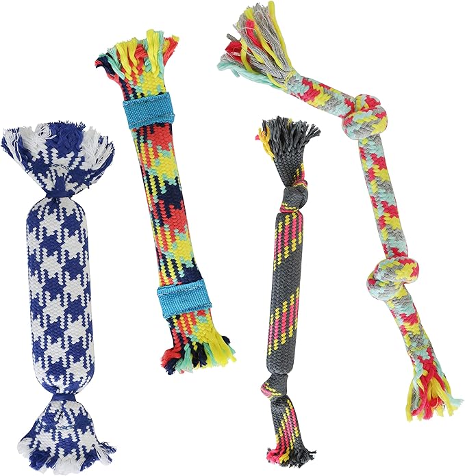 rocket & rex Dog Rope Tug Set for Small Breeds, Includes Ropes with Rubber Interiors, a Squeaker & Crackle Lining, Reduces Destructive Chewing & Anxiety (Pack of 4)