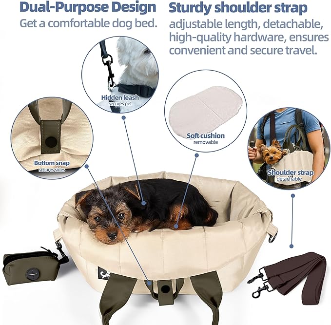 Sytopia Small Dog Carrier Purse, Portable Pet Carrier Tote Carrier with Pockets, Adjustable Safety Leash, Waterproof Dog Travel Bag, Travel Pets Purse up to 4 Lbs, Cream Beige