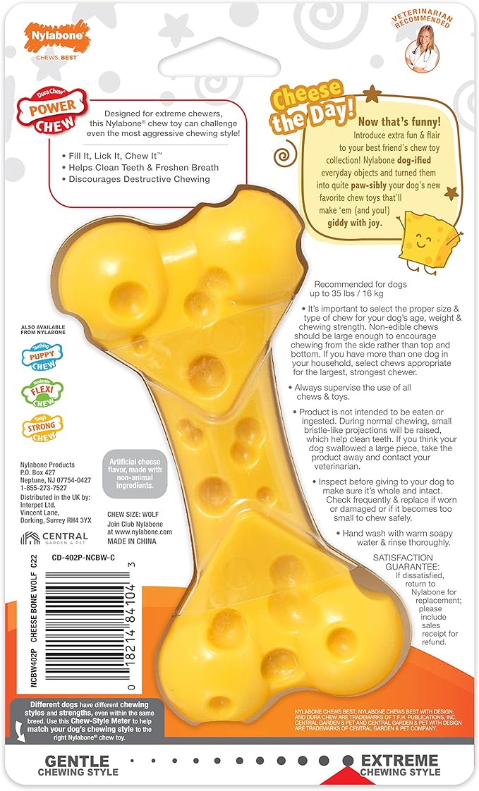 Nylabone Cheese Bone Power Chew Toy for Dogs, Cute Dog Toys for Aggressive Chewers, Cheese Flavor, Medium Dogs - Up to 35 lbs, 1 Count