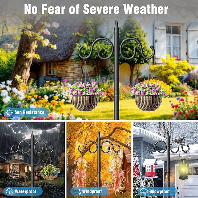 Double Shepherds Hooks for Outdoor, 108 Inch Heavy Duty Bird Feeder Pole with 5 Prongs Base, Adjustable Shepherds Hook for Bird Feeder, Garden, Weddings, Hanging Plant, 2 Pack