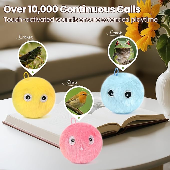 Chirping Cat Toy Balls-Upgraded 3-Pack Fluffy Interactive Kicker with 3 Lifelike Animal Sounds,Battery-Operated,Auto-Activated,Perfect for Indoor Kitty Kitten Exercise,Stimulates Play,Durable Design