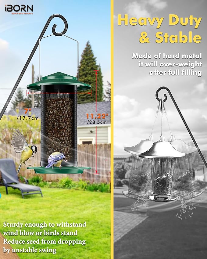 iBorn Bird Feeders for Outdoors, All Metal Mesh Tube, Holding Bird Seed for Outside Feeders,18cm Large Roof, Green, 2.8lb(Seed is not Included)