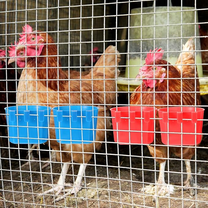 100 Pcs Cage Cups Chicken Feeder Cup 8 oz Hanging Bird Food Water Bowl Coop Bunny Cage Feeding Dish Game Fowl Supply for Poultry Pet Parrot Parakeet Rabbit Parakeet Pigeon(Red, Blue)