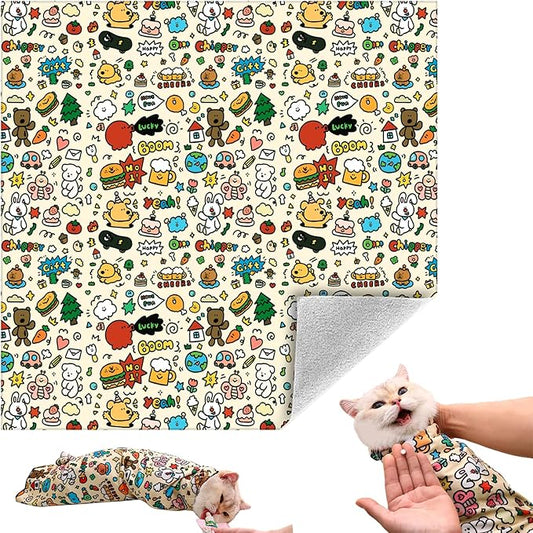 Cat Grooming Wrap, Self-Adherent Soft Cat Blanket to Wrap, Nail Clipping, Anti-Bite, Anti-Scratch, Anti-Escape Calming Wrap (Cute Prints, 6-10 lbs)
