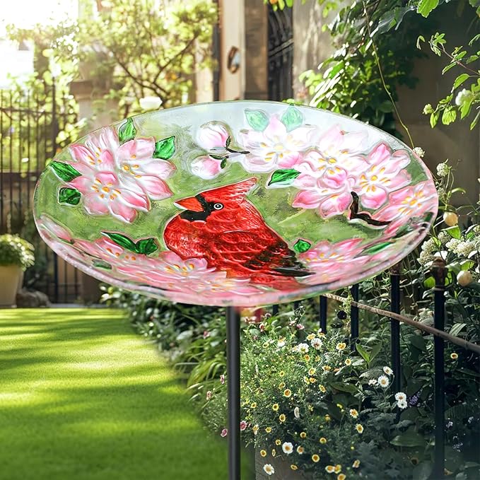 MUMTOP Glass Bird Baths for Outdoors-Outdoor Bird Bath Bowl- Cardinal and Flower Birdbaths Yard Stake, Bird Feeders for Outside, Garden, Patio, Lawn Decor