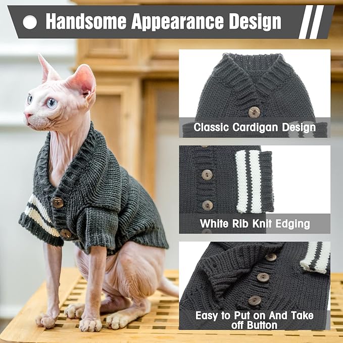 EXPAWLORER Cat Sweater Cardigan - Stylish Knitted Cat Clothes, British Style Soft Puppy Sweater with Sleeve Warm Pet Clothing Knitwear, Fall and Winter Kitten Coat for Girl Boy Cats, Grey Medium