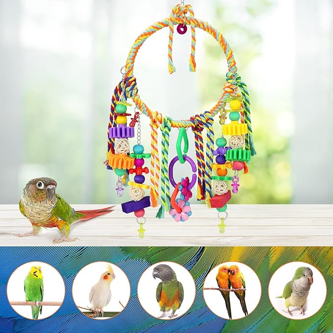 Bird Swing Toy with Perches - Colorful Chewing Toys for Parakeets, Meyers Cockatiel, Conure, Quaker, Caique & Other Medium Sized Birds