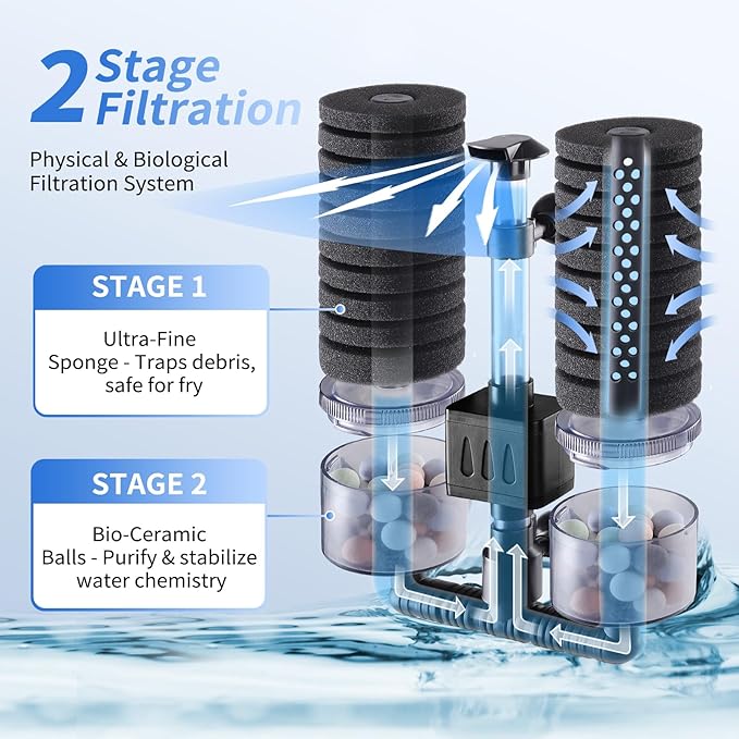 AQQA Electric Sponge Filter for Aquariums - Dual Bio & Mechanical Filtration, 8W 80 GPH Water Pump with Oxygenation & Water Circulation, Fits 15-55 Gallon Fish Tanks (110V/60Hz)