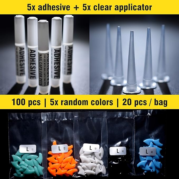 zetpo Cat Nail Caps | Cat Claw Covers | with Adhesives and Applicators (L, 5X Solid Random Colors | 100 pcs)