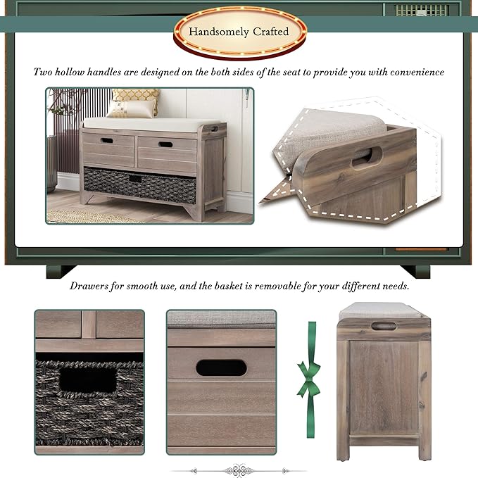 Storage Bench Removable Basket 2 Drawers Fully Assembled Acacia Wood Shoe Bench Standing Shoe Rack Removable Cushion for Living Room, Entrance Hallway, No Assembly Required White Washed