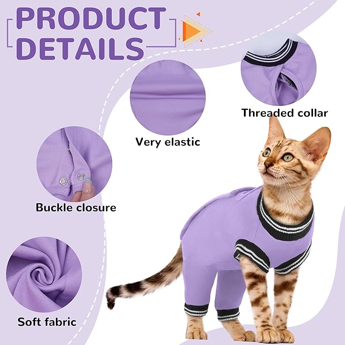 PUMYPOREITY Cat Recovery Suit for Hind Legs, Cat Surgical Spay Suit with Leg Sleeves to Stop Licking, Long Rear Sleeve Wound Cover Abdomen Kitten Onesie, Purple, L